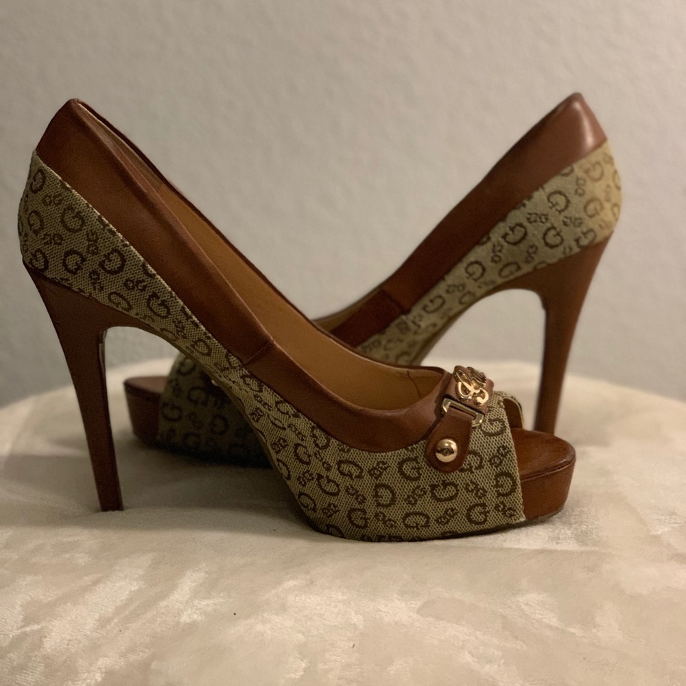 Guess logo peep toe high heels